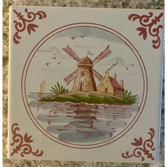 Vtg 1970s Collector Ceramic Tile Trivet 6x6 Aleluia Aveiro Portugal Windmill - Picture 1 of 5
